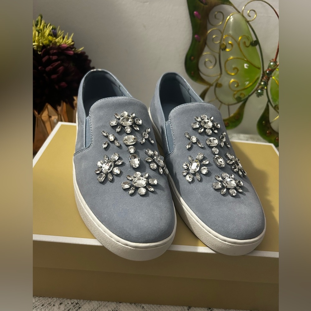 MICHAEL KORS Pale Blue Keaton Embellished Suede Leather Slip-On Sneaker - Picture 7 of 13